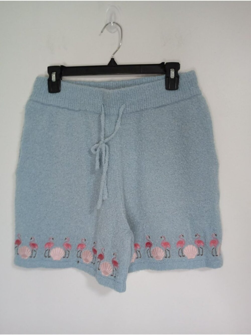 Mavrans Blue Knit Lounge Shorts Flamingo Seashell Embroidery - Womens Medium